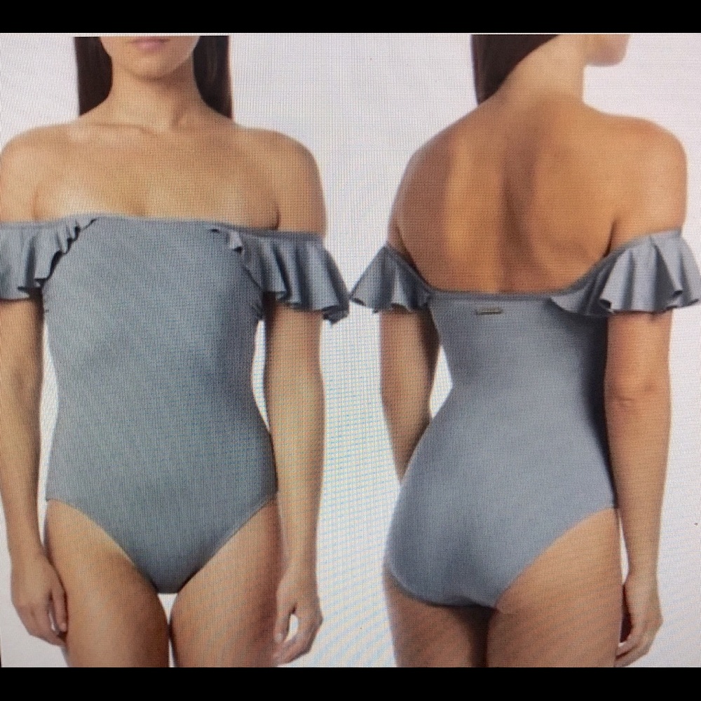 VINCE CAMUTO RUFFLE OFF THE SHOULDER ONE PIECE SWIMSUIT